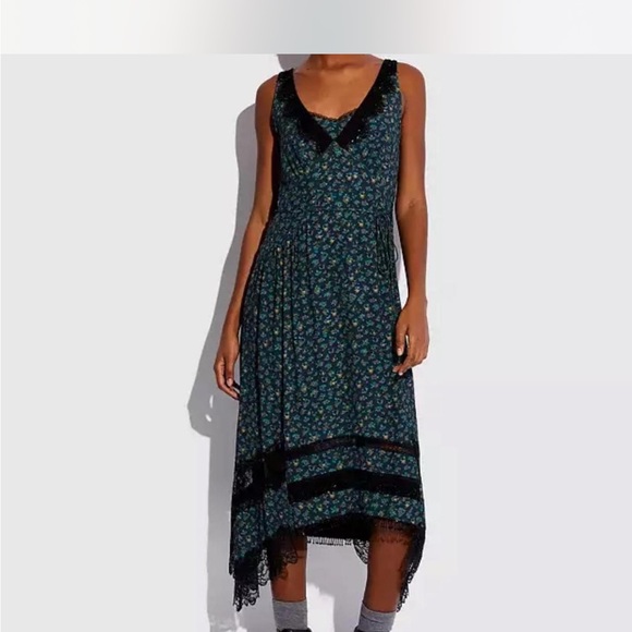 Coach “Lingerie” blue floral midi dress with black lace trim and beading - Picture 1 of 8
